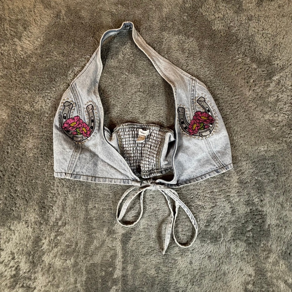 Forever 21 Denim Halter Top Light Wash Horseshoe Floral Studded Smocked Medium
